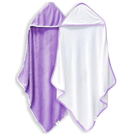 2 Pack Baby Bath Towel - Rayon Made from Bamboo, Ultra Soft Hooded Towels for Kids - X Large Size for 0-7 Yrs (White and Violet, 37.5 x 37.5 Inch)