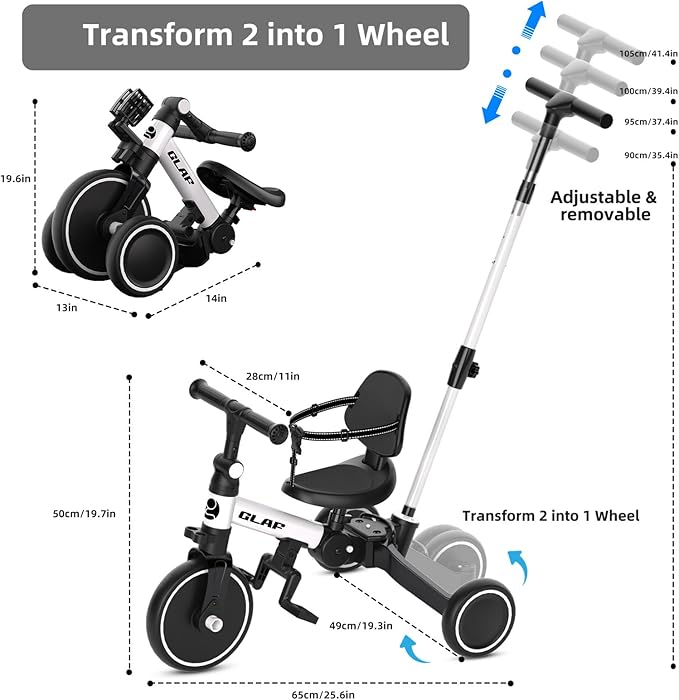 Glaf Tricycle for Toddlers 1-3 Toddler Bike with Push Handle 2-4 Years Baby Bike Toy for 1 Year Old Boys and Girls Balance Bike with Removable Pedal, Backrest, Adjustable Seat, Gifts (White)