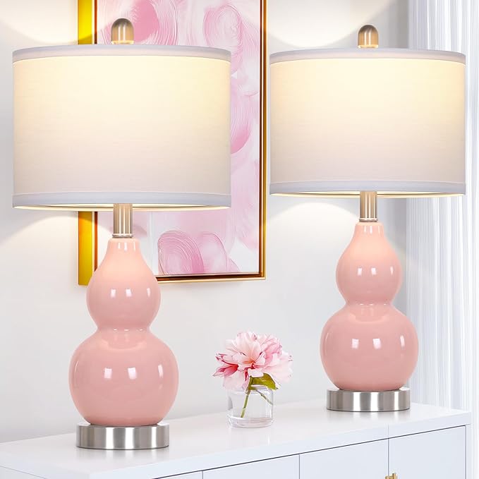 luxeflow 22" Double Gourd Ceramic Table Lamps Set of 2, Pink Modern Bedside Lamps for Living Room, Contemporary Nightstand Desk Lamps for Bedroom End Table Home Office Decor(2 LED Bulbs Included)