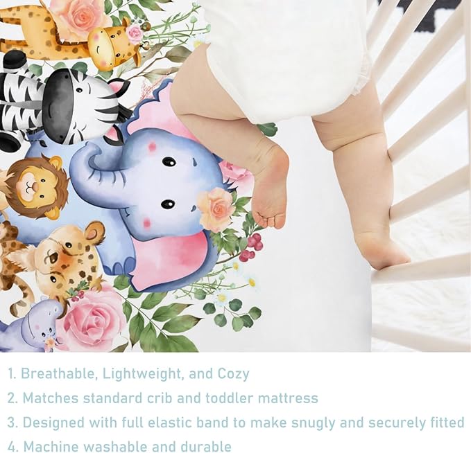 Baby Jungle Safari Animals Tropical Leaves Flowers Baby Crib Sheets 52''x28'' Stretchy Fitted Crib Mattress Sheet for Boy Girl Nursery Baby Crib Sheets for Standard Crib and Toddler Mattress