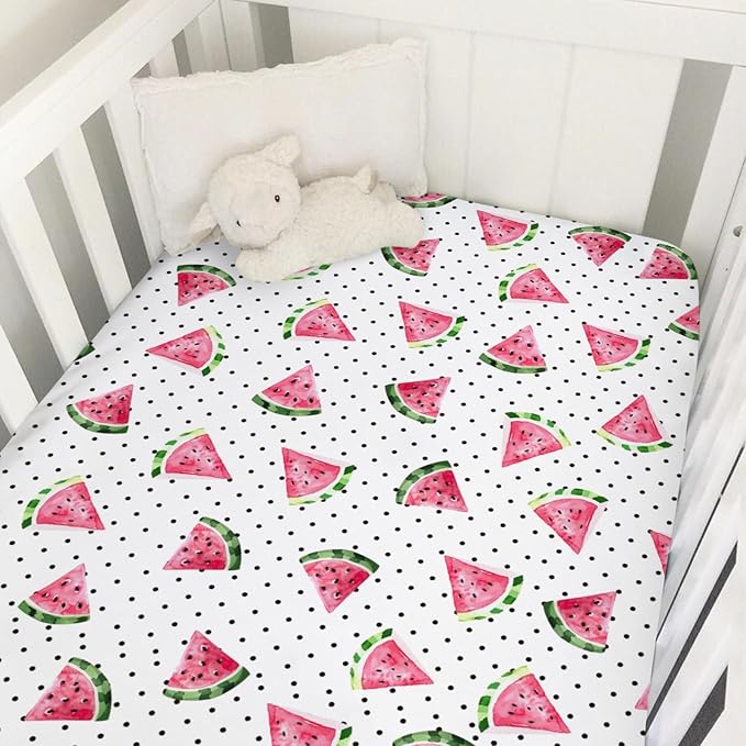 Watercolor Watermelon Dots Baby Crib Sheets 52''x28'' Watermelon Fruits Snug Fitted Crib Mattress Covers for Boy Girl Boho Summer Fruits Soft Baby Bed Sheet for Standard Crib Toddler Mattress