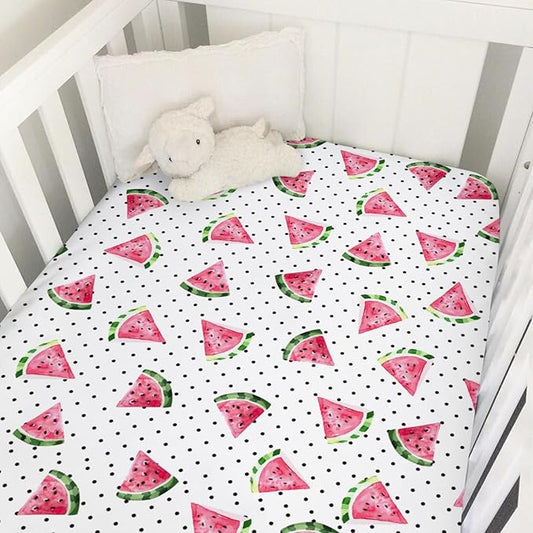Watercolor Watermelon Dots Baby Crib Sheets 52''x28'' Watermelon Fruits Snug Fitted Crib Mattress Covers for Boy Girl Boho Summer Fruits Soft Baby Bed Sheet for Standard Crib Toddler Mattress