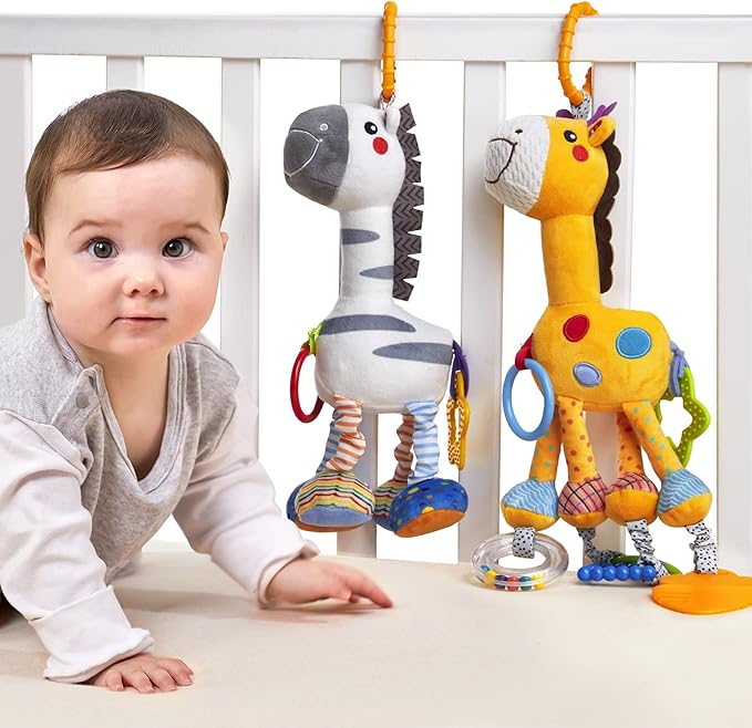TUMAMA Hanging Toys, 16 inch Plush Animals Baby Rattle, Car Seat Stroller Toys, 2 Pack, Newborn - 12 Months, 2 x Plush Animal Hanging Toys (Giraffe, Zebra), Rings, Built-in Rattles and Crinkles