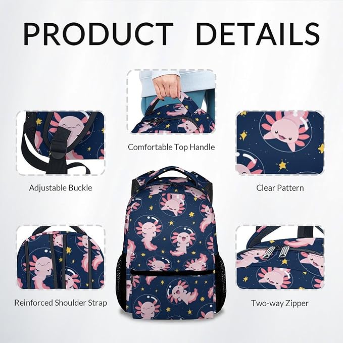 COZYAURA School Bags for Girls - Cute Black Axolotl Travel Backpack for Kids - 17 Inch Bookbag for Elementary Primary School - Back to School Supplies