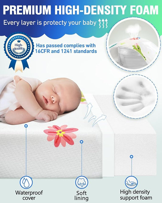 38"x24" Mini Crib Mattress with Washable Breathable Soft Waterproof Animal Cover - Portable Infant Mattress with High Density Support Foam