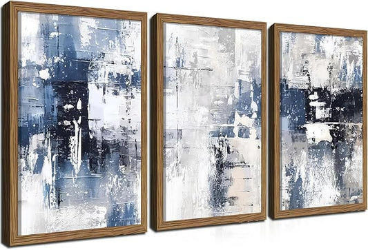 Blue Abstract Wall Art Set of 3, White and Blue Abstract Canvas Wall Decor Paintings, Modern Neutral Minimalist Posters Prints Pictures for Living Room Bedroom Office Home Decor 16x24 Inch Wood Framed
