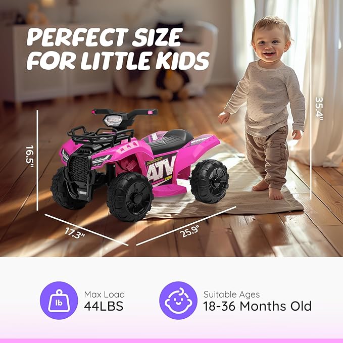 ATV for Kids, 6V Battery Powered Toddler 4 Wheeler w/Music, Light, 1.2mph Max Speed, Kids ATV 4 Wheeler for Toddlers Aged 1.5-3 Years Old, Pink