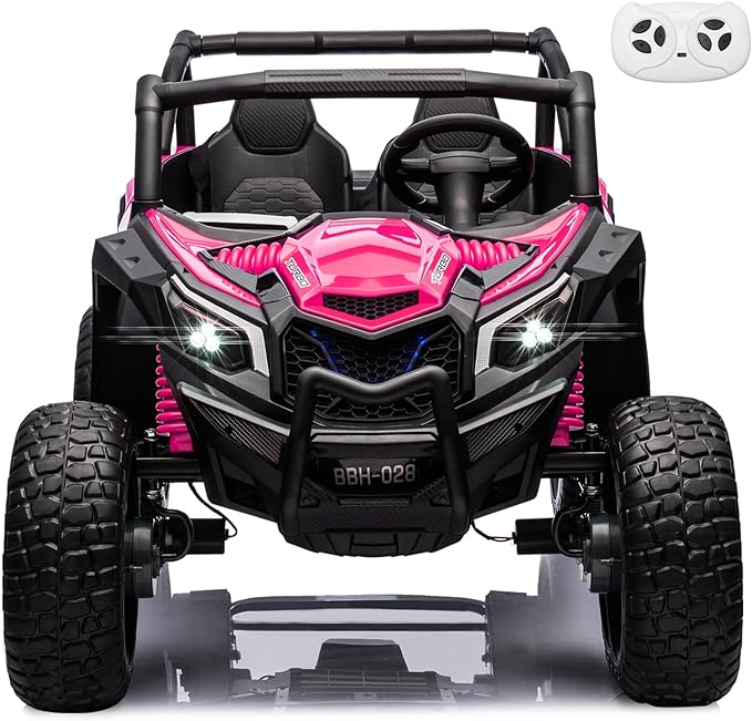 MOLACHI 24V Kids UTV with Remote Control, 2 Adjustable Seater 4WD Ride On Toy for Big Kids Ride On Truck with EVA Wheels, 3 Speeds Vehicle, LED Lights, 4 Shock Absorbers, Music & Horn, Bluetooth, Pink
