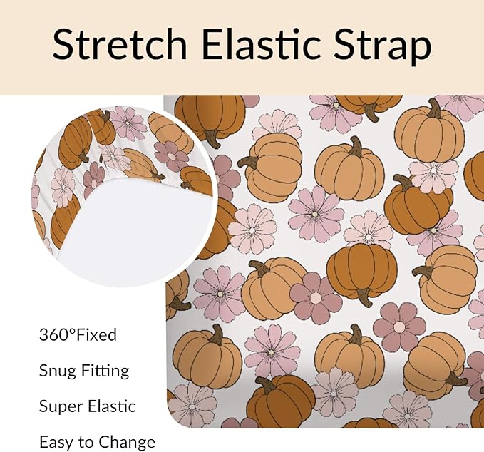 Vintage Pumpkin Boho Floral Baby Crib Sheets Fall Pumpkin Autumn Floral Soft Breathable Baby Sheets Autumn Thanksgiving Harvest Fitted Crib Mattress Cover for Standard Mattress 28x52in