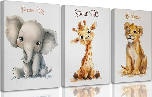 3 Pcs Safari Nursery Canvas Wall Art Kids Cute Inspirational Animal Lion Giraffe Elephant Painting Picture Wall Decor Poster Print Artwork for Baby Boys and Girls Room Home Decoration