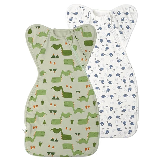 Premium Soft Cotton Swaddle Blanket Sleep Sack Arms Up 2 Packs 6-12 Months, Hands Up 3-Way Transitions to Arms-Free Wearable Sleeping Sack Bag for Babies Boys Girls Snug Fit Calms Startle Reflex