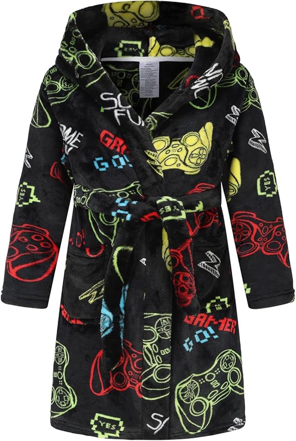 Boys Girls Robe Kids Flannel Hooded Bathrobe Sleepwear Pajamas Toddler Soft Plush Robes for Girls 2-16 Years