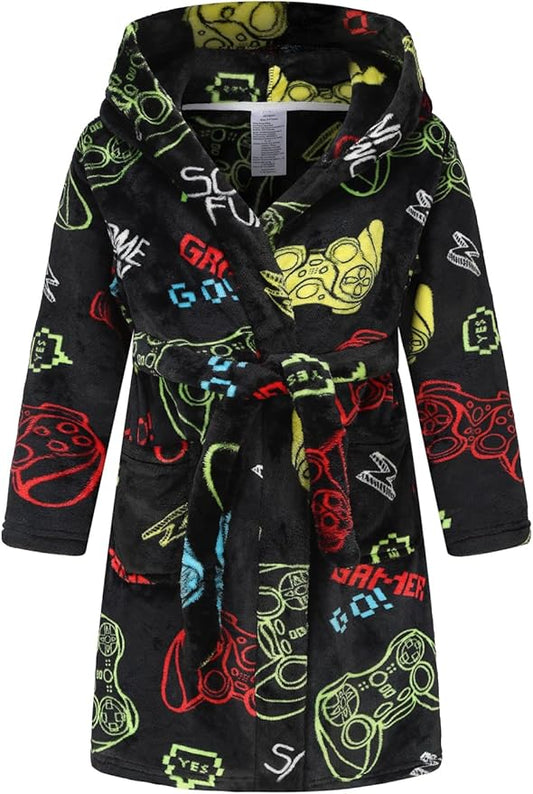 Boys Girls Robe Kids Flannel Hooded Bathrobe Sleepwear Pajamas Toddler Soft Plush Robes for Girls 2-16 Years