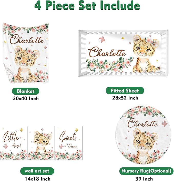 Personalized Baby Crib Bedding Set: 4 Piece Custom Floral Leopard Crib Bed Set with Name, Nursery Bedding Set for Baby Girls, Newborn Boys Crib Sets, Crib Bedding Custom Gift, Crib Sheet