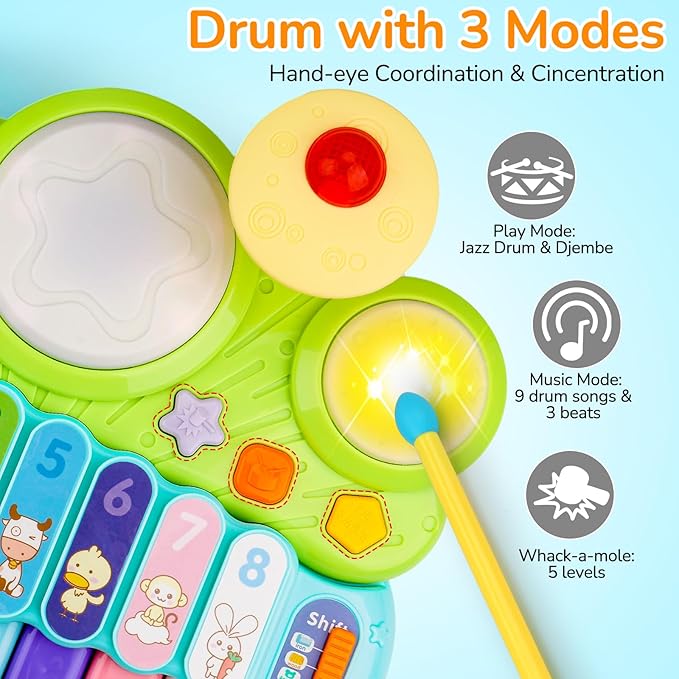 Baby Musical Toys 3 in 1 Piano Keyboard Xylophone Drum Set for 1 Year Old Girls Boys Toys Age 2 Music Instrument Learning Toys Toddlers 1-3 0-2 First Birthday Gift Infant Baby Toys 6 9 12 18 Month