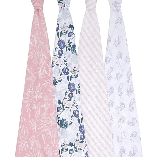 aden + anais Essentials Muslin Swaddle Blankets for Baby Girls and Boys, Newborn Receiving Blanket for Swaddling, 100% Cotton Baby Swaddle Wrap, 4 Pack, Flower's Bloom