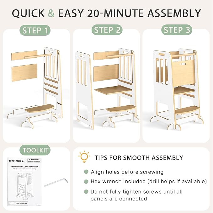 WINGYZ Toddler Tower – Adjustable Step Stool Helper for Kids 18M–6Y, Kitchen Learning Stool with Safety Rail, 3-Height Adjustable, Sliding Door, Full Support Foot, Wooden Updated Design, White