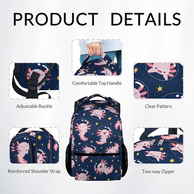 COZYAURA Kids Backpack for Girls - Large Capacity School Bags with Lunch Bag Pencil Pouch Set - Cute Axolotl Bookbag for Elementary Middle School & Travel - Kid School Supplies