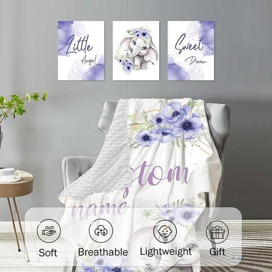 Personalized Baby Crib Bedding Set for Baby Girls, Purple Flower Pattern Elephant Theme Custom Name Baby Crib Sets 5-Pcs, Toddler Double Layer Blanket Fitted Sheets Changing Pad Cover Rug Wall Art Set