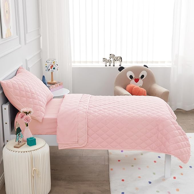 Wowelife Toddler Bedding Set, 4 Piece Toddler Bedding Soft and Breathable Crib Bedding Set, Includes Quilted Comforter, Flat Top Sheet, Fitted Sheet, Envelope Pillow Case for Boys and Girls, Pink