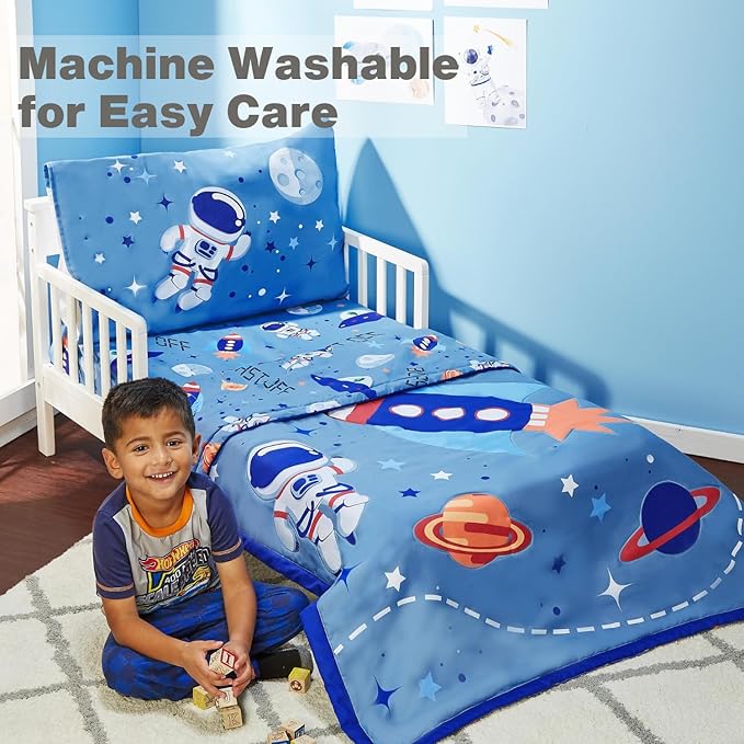 EVERYDAY KIDS 4 Piece Toddler Bedding Set - Outer Space Adventures - Includes Comforter, Flat Sheet, Fitted Sheet and Reversible Pillowcase