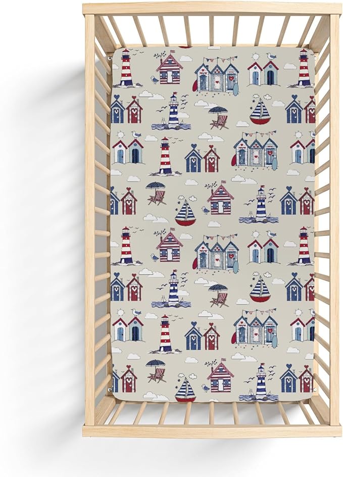 Beach Huts Boats Lighthouse Baby Crib Sheets for Boy Girl 28"x52" Summer Seaside Holiday Soft Snug Fitted Crib Mattress Cover Marine Ocean Nautical Baby Sheet for Standard Crib & Toddler Bed Mattress