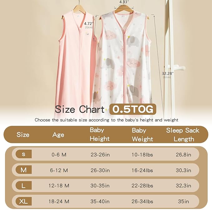 TILLYOU 2 Pack Baby Sleep Sack 6-12 Months 100% Cotton Wearable Blanket 0.5 TOG Sleeveless Summer Sleep Sacks with 2-Way Zipper, Pink Elephant & Cloud