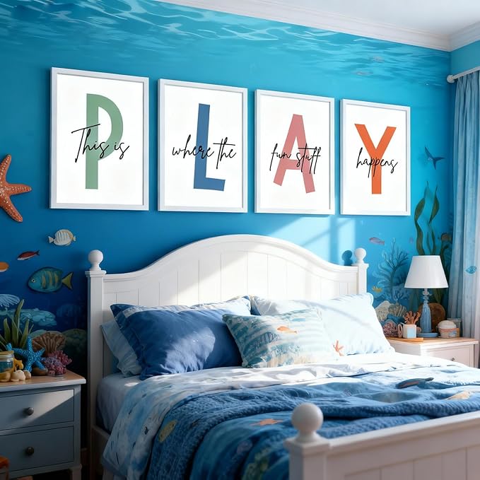 Cute Alphabet Play Framed Wall Art Set of 4, Natural Educational Alphabet Wooden Sign for Baby Girl Kid Boy Toddlers, White Boho Preschool English Letters Nursery Decor for Homeschool Playroom