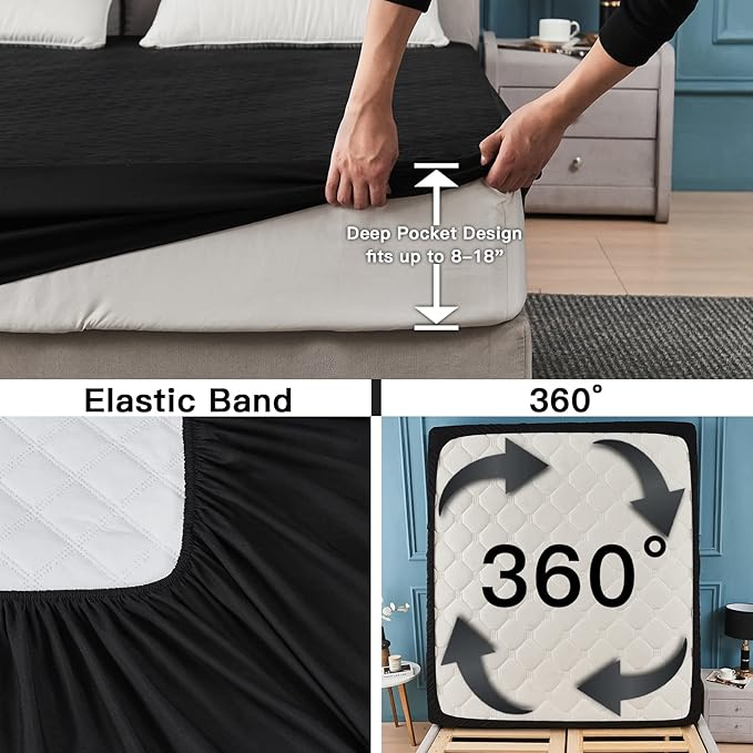 Mecerock Mattress Protector, Quilted Fitted Style, Queen, Waterproof, 18 Inches Deep Pocket, Washable, Black
