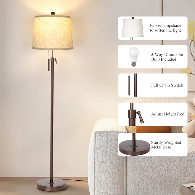 JUNNAI Modern Floor Lamp Adjustable Height Standing Lamp Tall Lamp with 3 Color Temperatures Floor Lamps for Living Room Bedroom Office Beige Shade Bulb Included-Brown