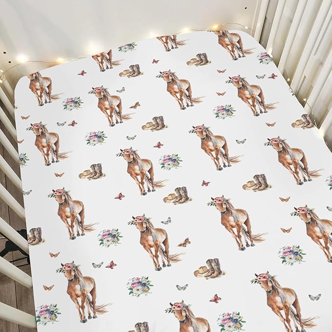 Floral Horse Cowgirl Baby Crib Sheets for Boy Girl 52x28Inch Cowgirl Boots Hat Flowers Butterflies Soft Snug Fitted Crib Mattress Cover Western Horses Baby Sheet for Standard Crib & Toddler Mattress