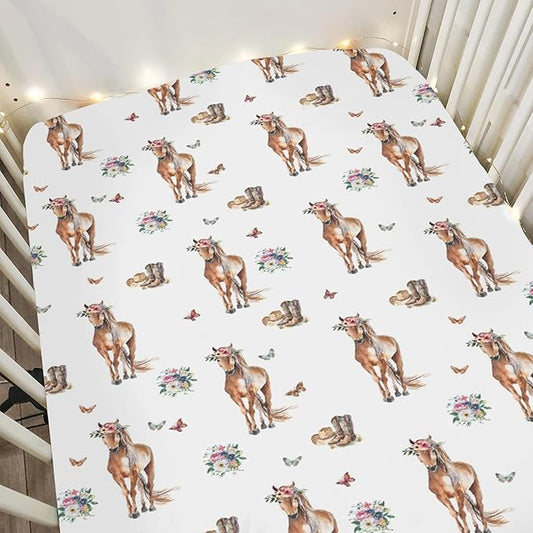 Floral Horse Cowgirl Baby Crib Sheets for Boy Girl 52x28Inch Cowgirl Boots Hat Flowers Butterflies Soft Snug Fitted Crib Mattress Cover Western Horses Baby Sheet for Standard Crib & Toddler Mattress