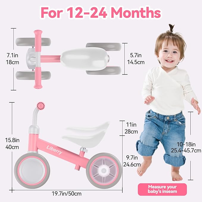 Liberry Light-Up Baby Balance Bike with Adjustable Seat, Toddler First Ride-On Toy for 1-2 Year Old, Girls Birthday Gift