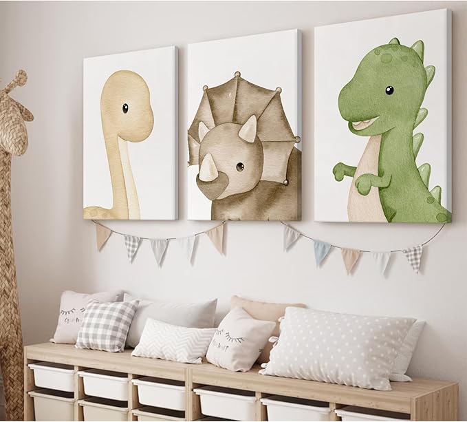 Dinosaur Wall Art Kids Boys Room Canvas Wall Decor Dino Nursery Wall Art Pictures Baby Dinosaur Poster Prints for Boys Bedroom Bathroom 16x24 Inch Framed Set of 3