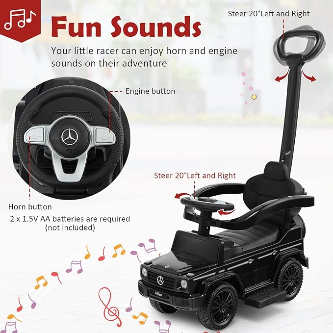 Costzon Push Car for Toddlers, 3 in 1 Mercedes Benz Stroller Sliding Walking Car w/Canopy, Handle, Armrest Guardrail, Underneath Storage, Horn Sound, Foot-to-Floor Ride On Toy for Boys Girls (Black)
