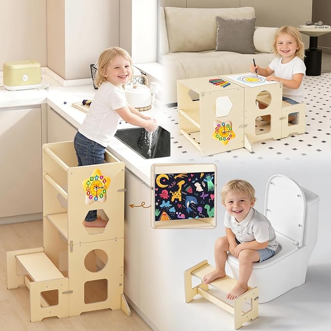 Acenova Toddler Kitchen Step Stool, 4 in 1 Foldable Learning Tower with Blackboard and Star Number Clock, Standing Step Stool Toddler Tower for Bathroom Sink, Kitchen Counter