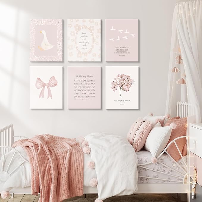 Nursery Christian Wall Art Bible Verse Prints Pink Girl Nursery Room Canvas Wall Decor Coquette Bow Poster Jesus Boho Scripture Pictures Vintage Floral Artwork for Bedroom 8x10x6 Inch Wrapped Canvas