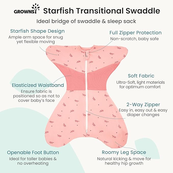 GROWNSY Transitional Swaddle Sleep Sack 3-6 Months, Starfish Design Baby Swaddle Sack, Dual-Zipper for Easy Diaper Changes, Proper Hip Development & Openable Foot Button, 12-20lbs, Pink