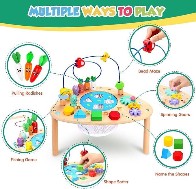 wingyz Activity Table for 1+ Year Old, 6 in 1 Wooden Montessori Activity Center Play Table with Bead Maze Shape Sorter Fishing Game, Kids Sensory Educational Toddler Learning Toys