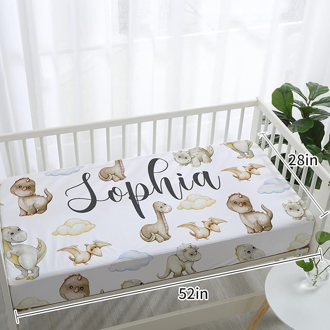 Personalized Baby Crib Bedding Set: 4 Piece Custom Gift Crib Bed Set with Name - Cute Dinosaur Theme,Nursery Bedding Set for Baby Girls Crib,Newborn Boys Crib Sets, Crib Bedding Shower Gifts