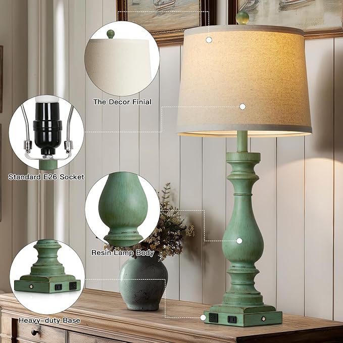 luxeflow 29" Tall Vintage Table Lamps Set of 2,Retro Green Bedside Lamps with USB C+A Ports & AC Outlet,3-Way Dimmable Touch Lamp for Night Stands Living Room Bedroom,Green