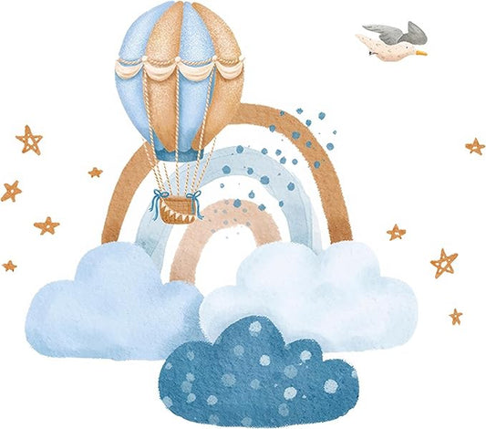 Ollaland Hot Air Balloon & Clouds Wall Decals - Peel and Stick Watercolor Rainbow Stars Bird Wall Stickers, Decor for Baby Nursery, Toddler & Kids Bedroom Walls