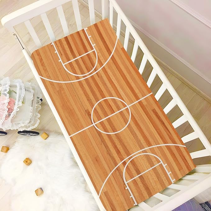 Fitted Crib Sheets for Boys Girls, Basketball Court Soft Breathable Mattress Cover for Standard Crib & Toddler Bed Mattress, 52 * 28 in.
