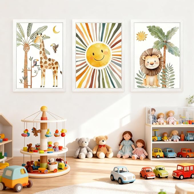 Cute Sun Lion Giraffe Quote Framed Wall Art Set of 4, 11x16 Boho Educational Animal Wall Sign for Baby Girl Kid Boy Toddlers, Wooden Inspirational Nursery Wall Decor Whie
