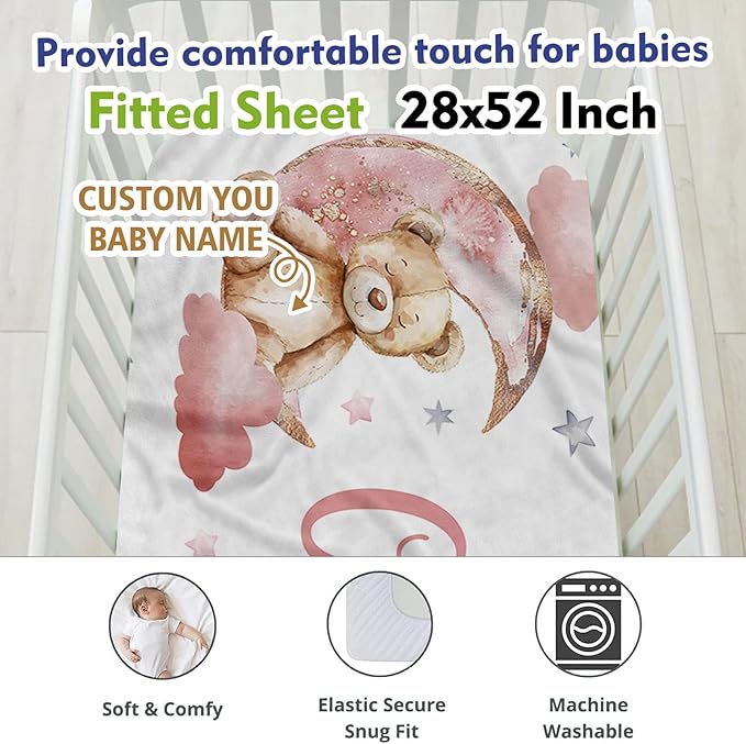 Personalized Crib Bedding Set, Toddler Pink Bear Theme Set with Name, 2 Pcs Baby Crib Set for Infant Babys, Comfort Double Layer Blanket and Crib Sheet, Newborns Gifts for Baby Girls
