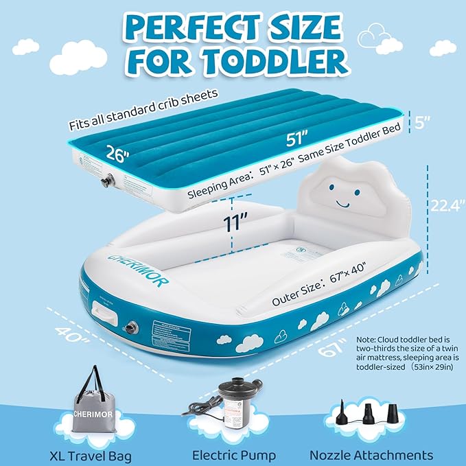 Inflatable Toddler Travel Bed, Portable Toddler Bed with 4-Sides Safety Bumpers & Fast Auto Inflation Pump, Kids Air Mattress for Travel Camping, Grandma's Home Sleepovers Blow Up Mattress
