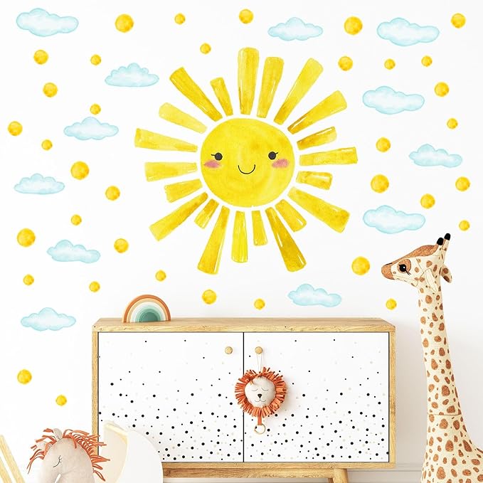 Eutecado Watercolor Large Sun Wall Decals Cloud Polka Dots Wall Stickers for Kids Room, 12 Sheets Lovely Smile Sun Wall Decor Stickers Peel and Stick Wall Decorations Stickers for Bedroom Nursery