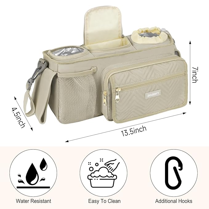 Universal Stroller Organizer with Insulated Cup Holder,Stroller Caddy Bag with Wet Wipes Pocket,Stroller Accessories Fits for Uppababy,Doona,Jogger,Britax,Mompush,BoB Strollers,Apricot