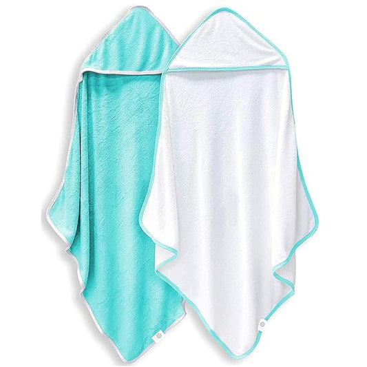 2 Pack Baby Bath Towel - Rayon Made from Bamboo, Ultra Absorbent - Ultra Soft Hooded Towels for Kids - X Large Size for 0-7 Yrs (White and Malachite, 37.5 x 37.5 Inch)