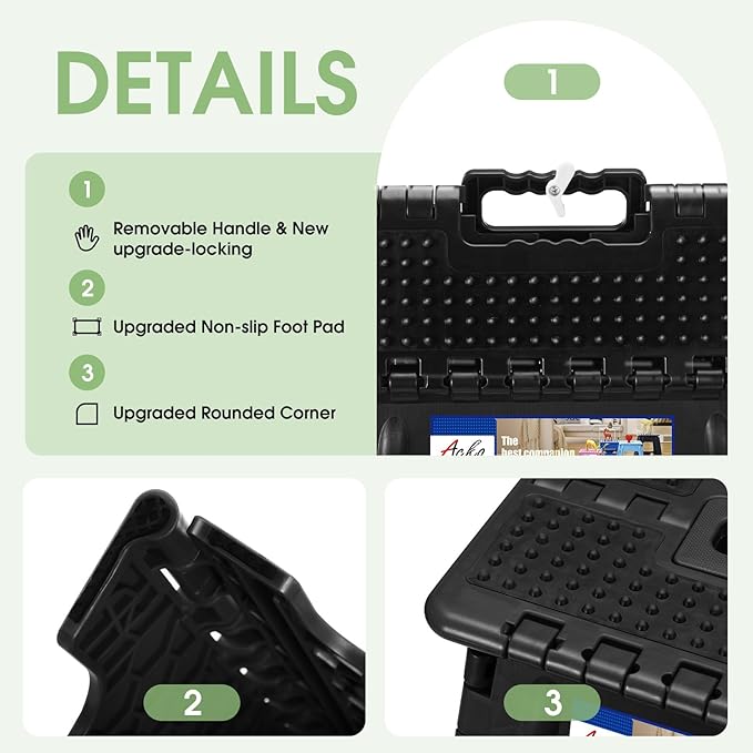 ACKO Folding Step Stool Foldable 16 Inch Stools for Adults and Kids, Plastic Stools Tall 400 lbs Capacity, Collapsible Stool for Kitchen Stepping Foot Stool with Handle, Dot Black,1 PC